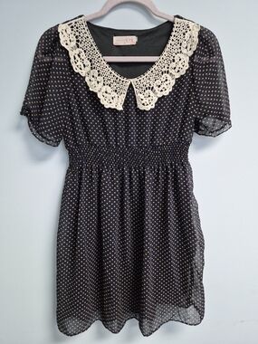 Navy Blue Polka Dot Dress with Cream Crocheted Collar